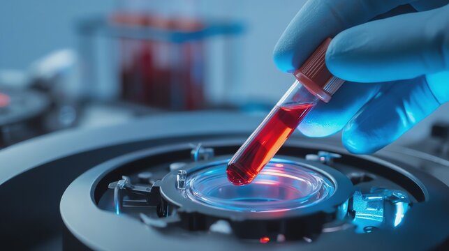Laboratory analysis with red blood sample.