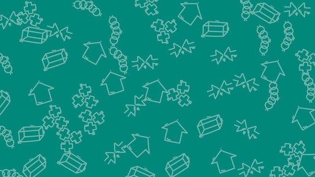 Teal pattern with house, clover, crystal, and arrow icons. Perfect for backgrounds, wallpaper, or marketing materials with a modern touch.