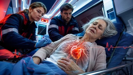 Obraz premium Paramedic woman and paramedic man providing emergency care to senior woman inside ambulance. Visualization of glowing human heart anatomy. Urgent medical treatment for cardiac arrest.