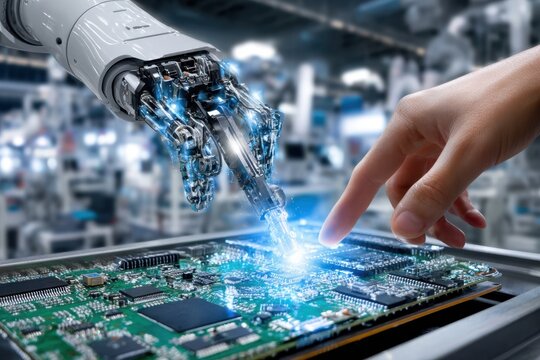 Robotic Arm and Human Hand Interacting with Circuit Board