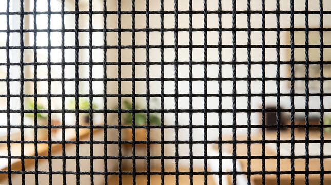 Close-up of nylon mesh window screen with interior view through grid pattern. Detailed mesh shows texture and design, highlighting practicality in home settings.