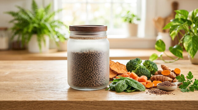 Organic pet health supplement in glass jar with healthy ingredients like vegetables, seeds, and herbs on wooden table. Nutritional benefits include fresh broccoli, carrots, and spinach for pets.