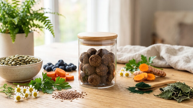 Organic pet health supplement with nutritious ingredients in glass jar, surrounded by fresh vegetables, herbs, and seeds on wooden table.