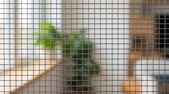 Close-up of nylon mesh window screen with blurred interior background featuring potted plant and warm wooden tones. Nylon mesh window screen enhances home aesthetics with added light filtering.