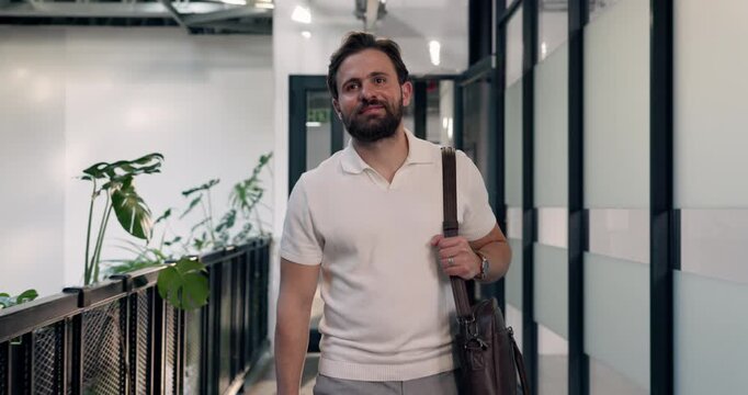Man, walk and arrive at office with bag, sustainable business and smile for environmentalist career. Flare, morning and person enter workplace with confidence, pride and job at eco friendly company.