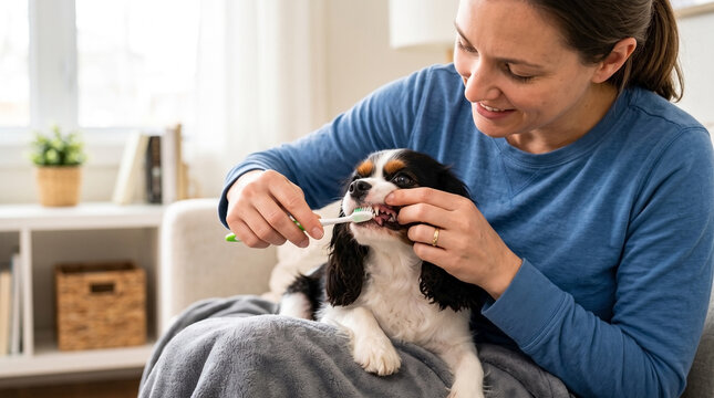 Pet dental care with woman brushing dog&rsquo;s teeth at home on sofa. Pet brushing includes gentle technique and special toothpaste for dog. Concept of pet dental hygiene for owner's awareness.