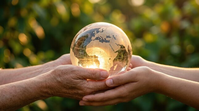 Close up of an older hand and a younger hand holding a clear glass globe together with sunlit green background for World Ozone Day concept