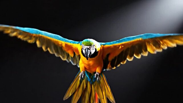 Magnificent macaw parrot soaring through air with vibrant plumage against dark background in dramatic studio shot