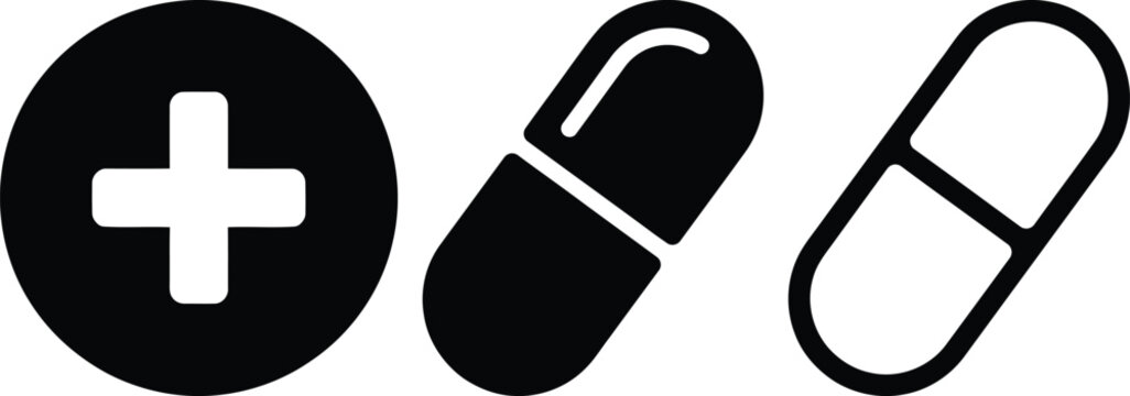 Medical Cross and Capsule Pill Icon Vector Set