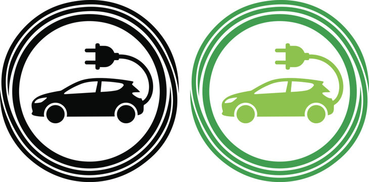 Electric car charging icon vector set in black and green circle badge