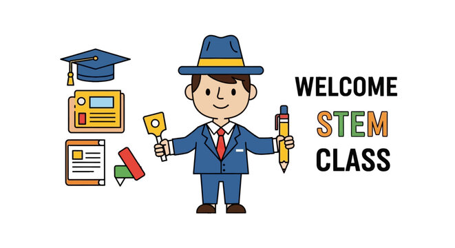Friendly teacher welcoming students to stem class