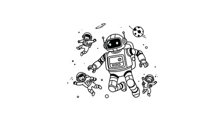 Robot and astronauts floating in starry outer space adventure © andi