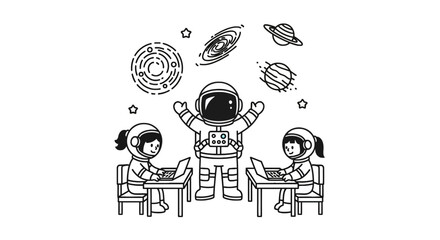 Children in space suits learning about astronomy in classroom © andi