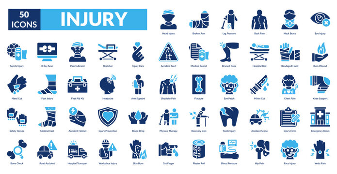 Injury Fill Icon Set. Injury, Accident, Trauma, Fracture, Sprain, Bruise, Wound