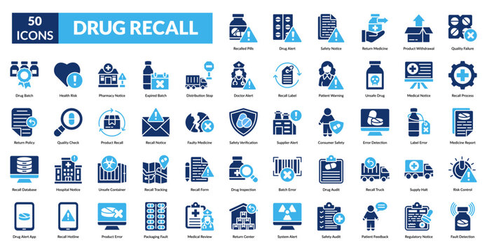 Drug Recall Fill Icon Set. Drug, Recall, Medicine, Pharmaceutical, Pharmacy, Safety, Alert