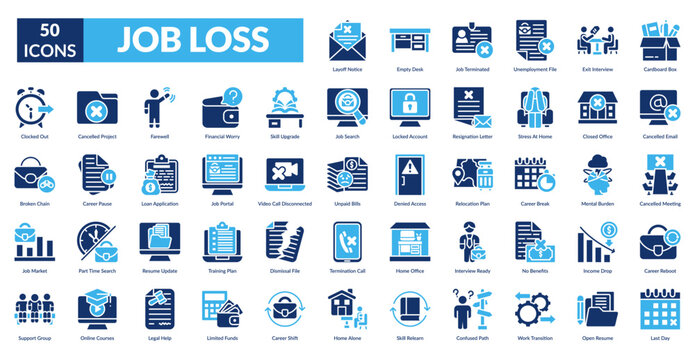 Job Loss Fill Icon Set. Job, Loss, Layoff, Dismissal, Termination, Unemployment, Resignation