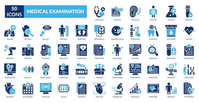 Medical Examination Fill Icon Set. Medical, Examination, Healthcare, Diagnosis, Screening, Assessment, Checkup