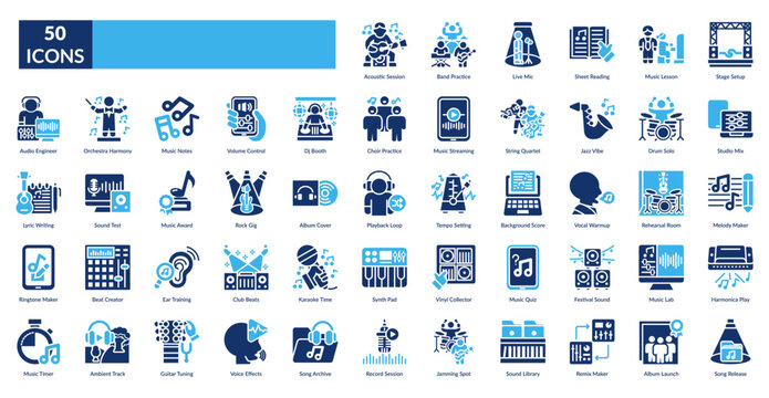 Music Fill Icon Set. Music, Audio, Sound, Melody, Rhythm, Harmony, Song