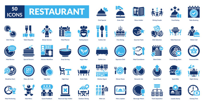 Restaurant Fill Icon Set. Restaurant, Dining, Cuisine, Menu, Waiter, Chef, Kitchen