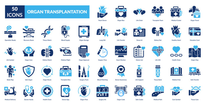 Organ Transplantation Fill Icon Set. Organ, Transplantation, Donor, Recipient, Tissue, Kidney, Heart