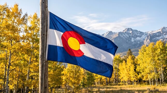 Colorado state flag flying high on a wooden pole surrounded by golden autumn aspen trees and mountains.