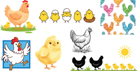 Cute Chicken And Little Chick Cartoon Character Set With Hen Silhouette Pattern Graphics Collection Vector © Shukimon
