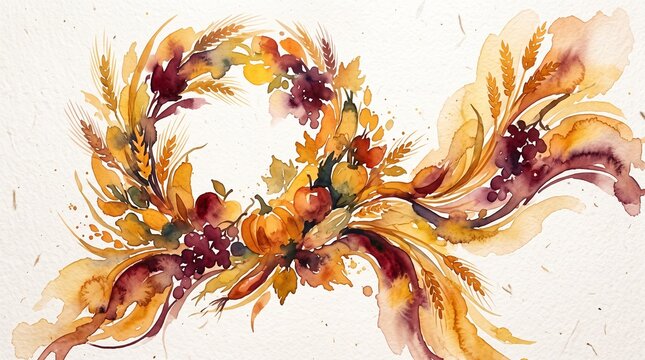 Autumn harvest watercolor design with harvest crown, wheat, rye, barley, grapes, apples, pumpkins, and vegetables blending organically, warm autumn palette