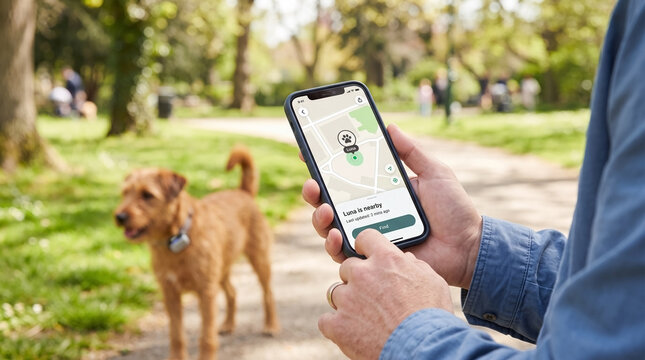 Owner using smartphone app for dog tracking in park outdoors with playful brown dog nearby. Owner interacts with dog through app while walking in green area, ensuring pet's safety.