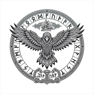 Intricate black and white Viking raven emblem featuring Norse runes, Valknut, Mj&ouml;lnir, and Celtic knotwork in vintage engraving style, ideal for tattoo, apparel, and emblem designs