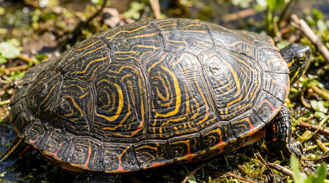 Eastern box turtle basking in sunlight on green foliage. Eastern box turtle displays unique shell patterns while resting on mossy ground. Concept wildlife observation and appreciation of nature.
