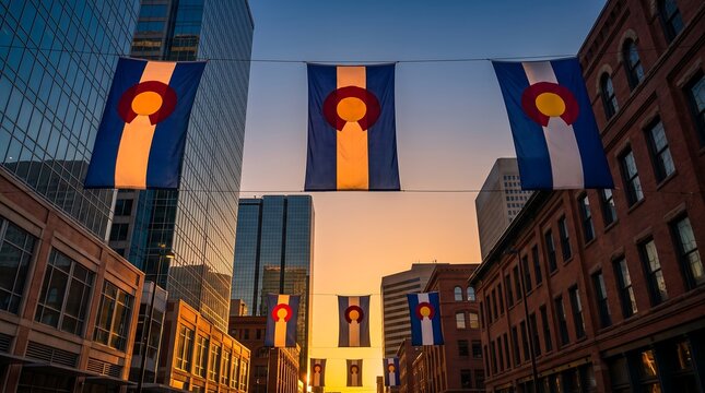 Denver city street decorated with state flags hanging between buildings during a golden sunset.
