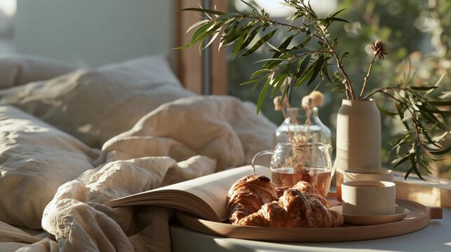 Cozy bedroom scene with a bed in the background. on the bed, there is a beige blanket and a wooden tray with a plate of freshly baked croissants, a cup of coffee, and a glass of tea.