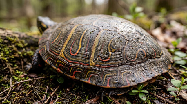 Painted turtle resting on moss in forest setting, showcasing intricate shell patterns and vibrant colors. Turtle enjoys peaceful natural habitat among greenery,
