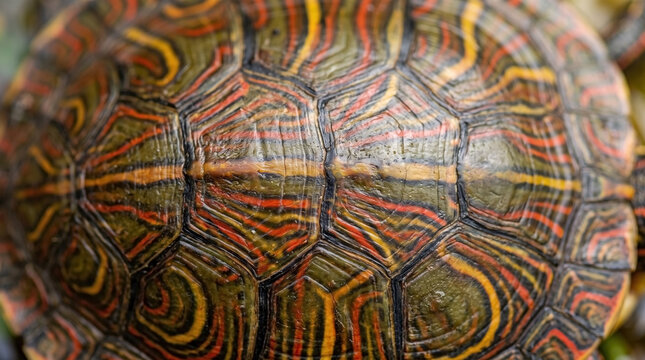 Colorful turtle shell close-up showcasing vibrant patterns and textures. The turtle shell exhibits intricate designs with red and orange hues, emphasizing natural beauty and uniqueness.