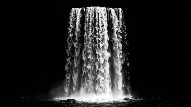 A powerful waterfall cascades down against a deep black background