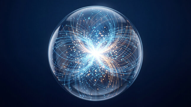 Ultra-realistic futuristic data sphere, perfectly transparent glass orb containing thousands of radiant fiber-optic strands converging into a brilliant central light source.