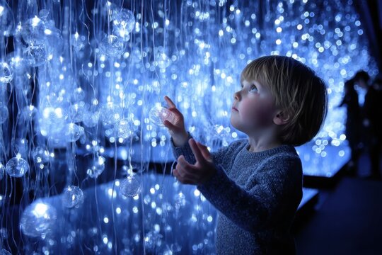 Child marvels at glowing lights in interactive art installation during evening event
