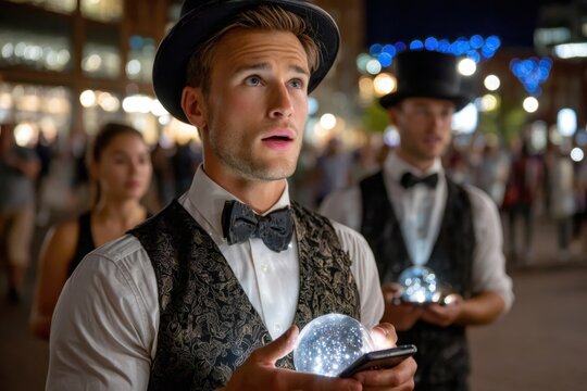 Magicians with glowing orbs and top hats at night