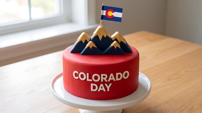 Red birthday cake celebrating Colorado Day with mountain topper and state flag on wooden table.