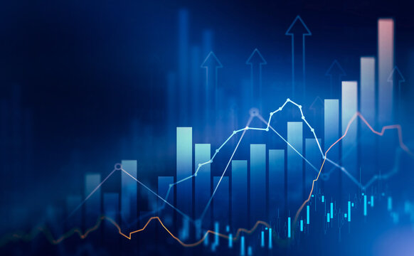 Stock trading market investment data and analysis finance graph.Business financial chart with moving up arrow graph.Financial data charts with glowing stock market graphs.