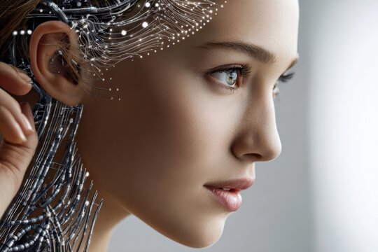 Young woman with futuristic cybernetic features and glowing wires in a modern setting