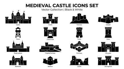 Medieval Castle Icons Set: Vector Collection, Black & White Fortress Symbols © saputri
