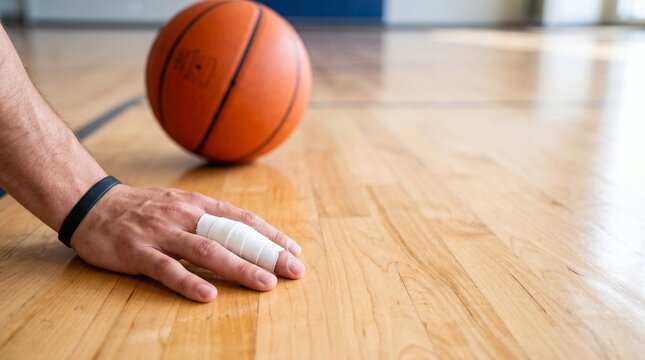 High angle view of basketball player hand on clean plain wooden court surface with two fingers securely splinted and taped together with white medical athletic tape orange ball backdrop layout