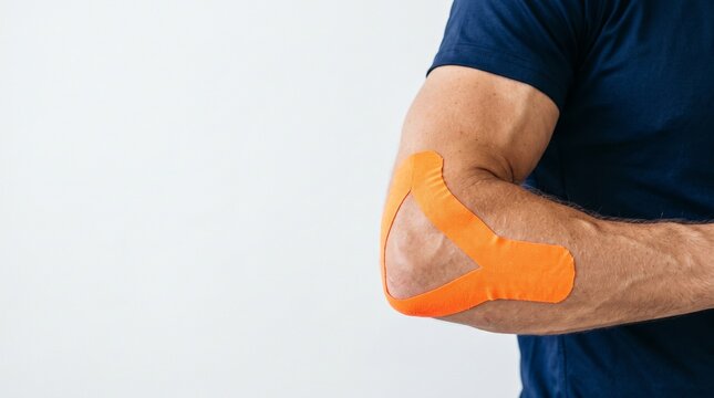 Bright studio view of tennis player arm with neon orange therapeutic kinesiology tapes applied in professional geometric pattern over elbow joint flat white wall backdrop surface layout
