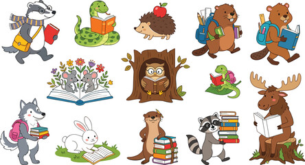 Fototapeta premium Cute forest animals reading books back to school cartoon vector set with owl wolf raccoon and moose