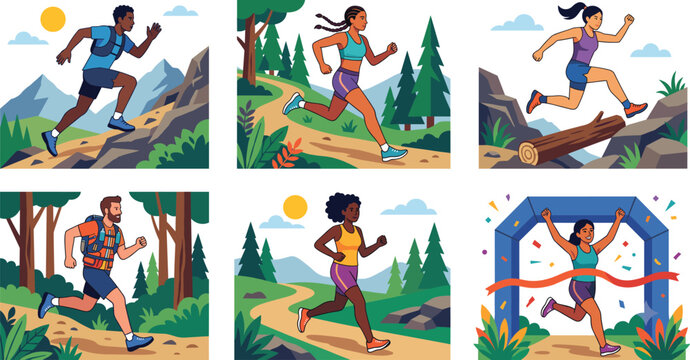 Trail Running and Outdoor Adventure Flat Vector Illustration Collection with Diverse Marathon Athletes