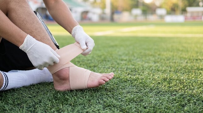 Close up view of football player ankle on grass with human hands in white medical gloves wrapping flexible beige elastic compression bandage around joint outdoor stadium background layout