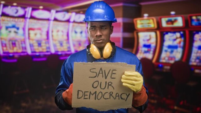 Man in hardhat holding cardboard sign reading save our democracy and pointing finger in building; labor solidarity determination.