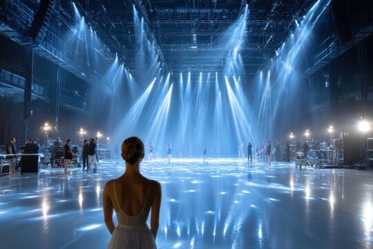 Ballerina Watching Rehearsal on Stage Under Bright Lights