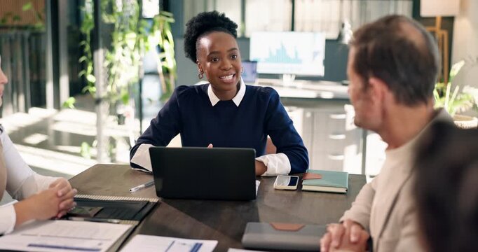 Sustainable, team or woman in office with laptop, csr growth pitch or discussion on green operation. Feedback, manager or esg analysts with tech, conservation proposal or ethical strategy in meeting.